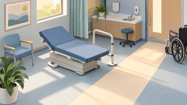 Examination table and support rail with table beside an approach path