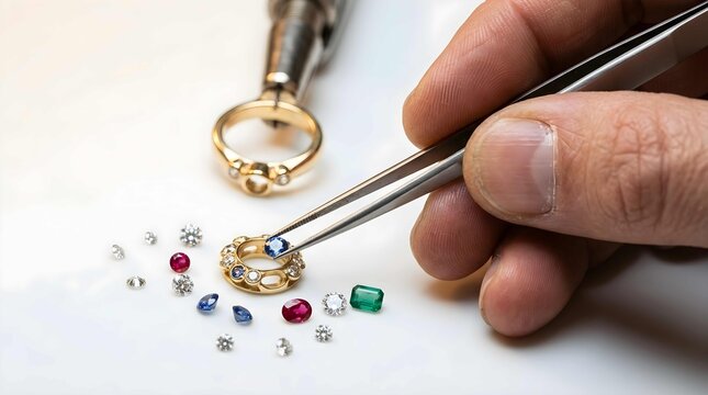Jeweler placing blue gemstone into gold ring setting with tweezers