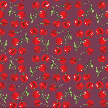 Vivid Plum cherry seamless vector pattern with red fruit