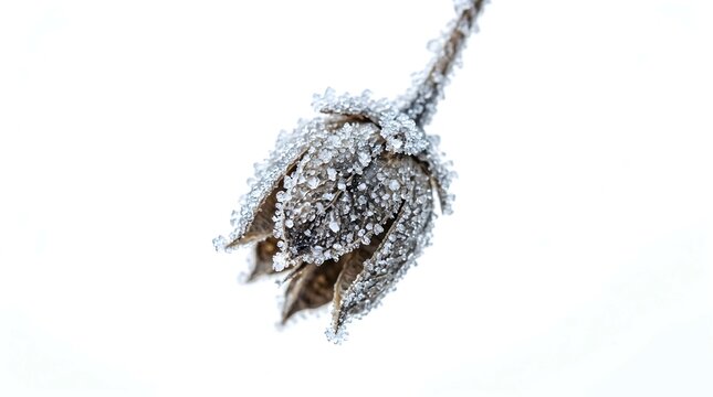Macro shot of a dry frozen seed pod covered in sparkling ice crystals