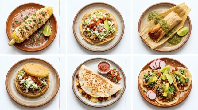 Grid 6 Mexican Street Food Varieties Elote Tostada Tamale Sope Quesadilla Taco White Background

