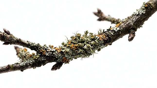 Macro shot of green lichen growing on tree branch against white background