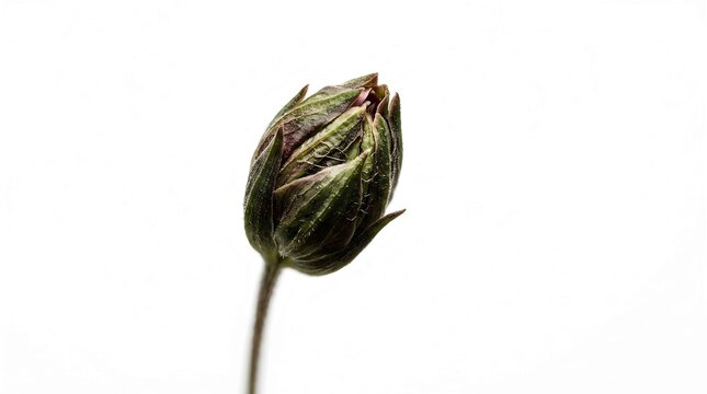 Macro shot of unopened flower bud with green and purple petals isolated on white background