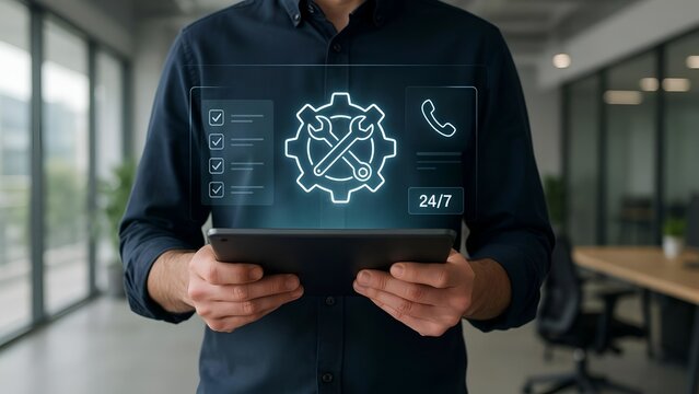 Man holding a tablet displaying a digital interface with service and support icons, indicating technical assistance and customer service solutions