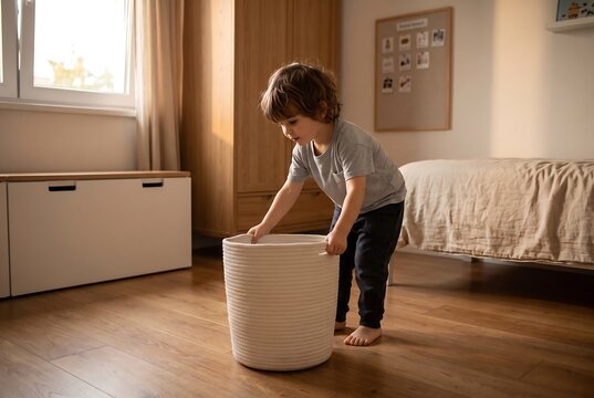 Child Carrying Laundry Basket During Bedroom Organization