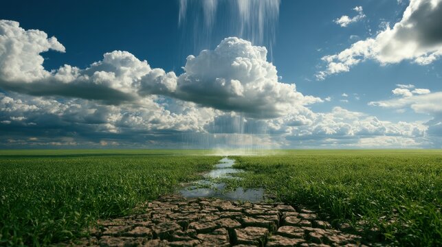 Cracked farmland beneath a rain cloud highlights changing rainfall patterns, drought recovery challenges, climate risk, and threats to crop productivity.
