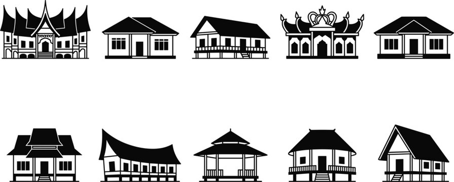 Traditional indonesian houses icon set featuring diverse ethnic tribal home silhouettes from different provinces