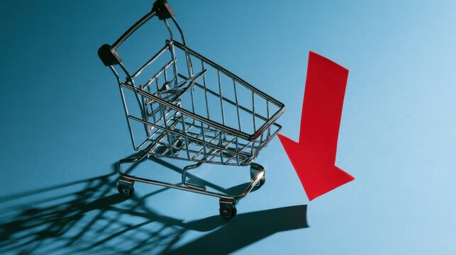 An empty shopping cart paired with a falling arrow conveys reduced purchasing, weak consumer demand, retail contraction, lower spending, and economic uncertainty.
