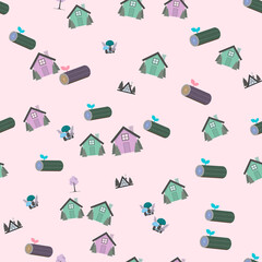 Obraz premium Seamless pattern of cartoon houses, logs, and mushrooms