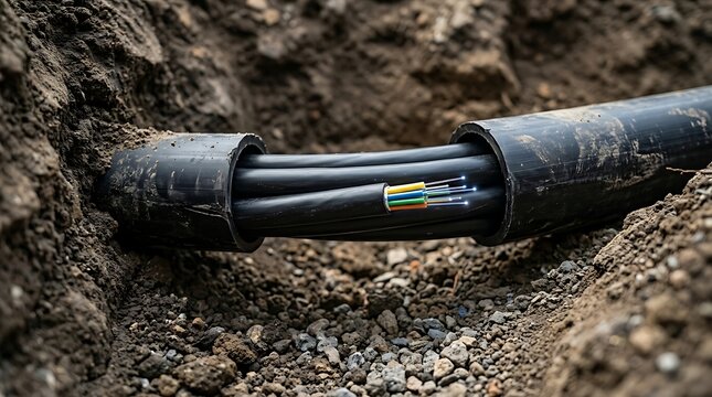 Fiber optic cable installation inside underground black protective conduit pipe in an open dirt trench construction