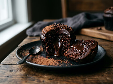 A delicious dark chocolate lava cupcake with a molten center on a rustic plate.