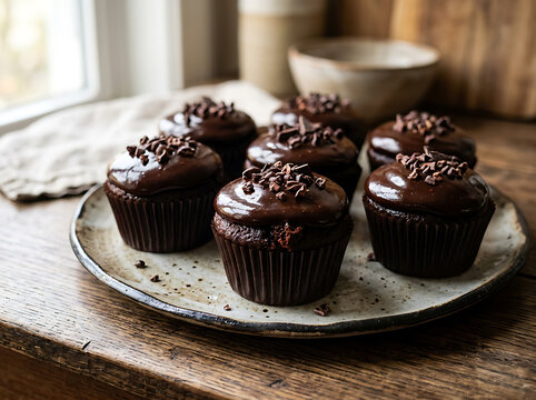 A plate of delicious homemade chocolate cupcakes with frosting on a rustic wooden table.
