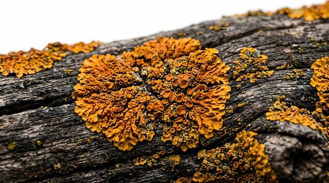Orange lichen growing on weathered dark tree bark texture in close up