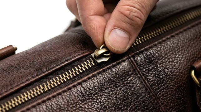 Person opening zipper on dark brown leather bag close up shot