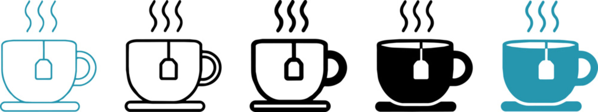 Minimalist tea cup icon set, steaming hot beverage mug symbols, 5 vector tea cup variations for cafe branding and menu design ,Clean grouped each Icon