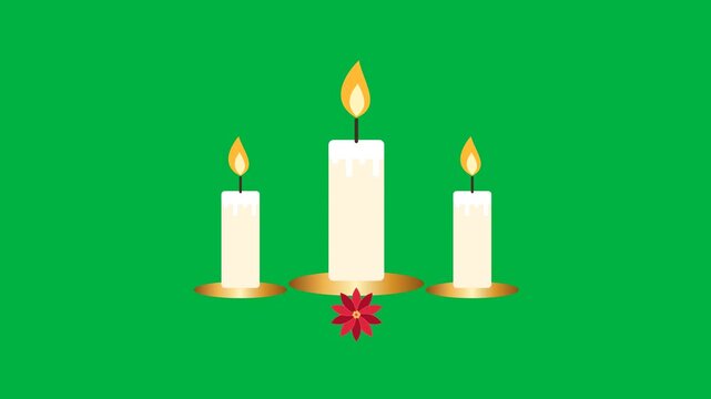 Three ivory candles burn with gently shifting stylized flames on gold holders. 4K UHD animation on solid chroma green with a 12 second loop at 30 fps. No audio.