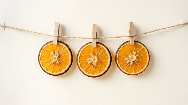 Dried orange slices hanging on jute twine with wooden clothespins against beige background