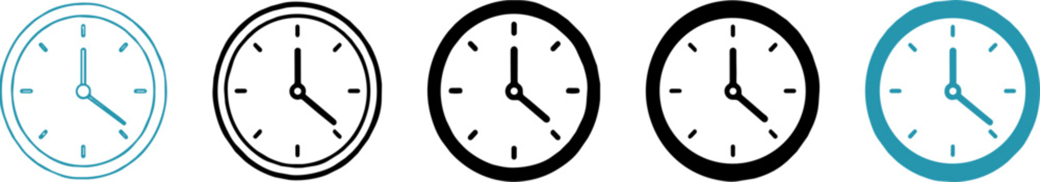 Minimalist clock icon set, 5 vector wall clock symbols in various line weights, modern time management and scheduling interface elements ,Clean grouped each Icon