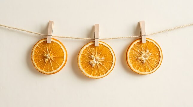Horizontal view of dehydrated orange slices hanging on jute line with wooden clothespins