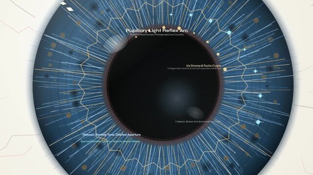 Medical animation detailing the pupillary light reflex arc, demonstrating retinal phototransduction cascade, midbrain synaptic integration, and sphincter pupillae constriction in the human eye