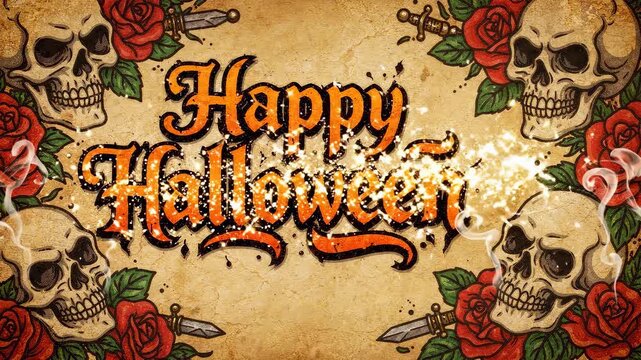 A vintage-style Happy Halloween banner featuring four detailed skulls, red roses, and daggers on a textured parchment background, with stylized text and smoky accents.