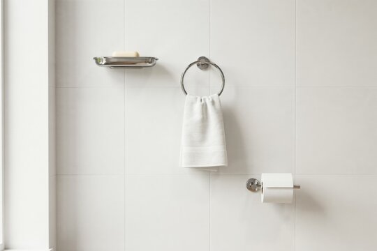 White bathroom tiled wall featuring minimalist towel ring and toilet paper holder.