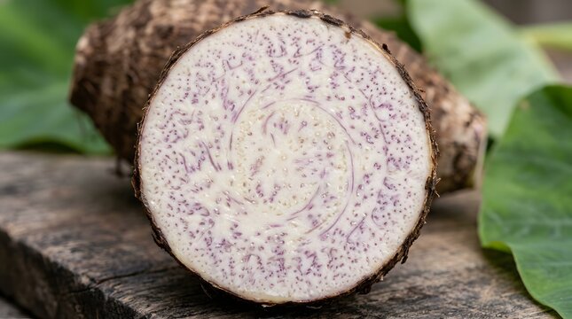 Fresh Taro Root Cross-Section Displaying Intricate Purple Concentric Vascular Patterns on Wood