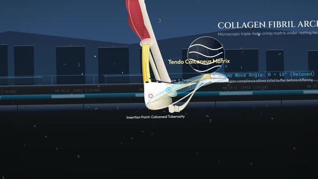 Achilles tendon biomechanics animation showing elastic energy storage kinetic impact absorption explosive elastic recoil and continuous harmonic energy loop during running stride and locomotion