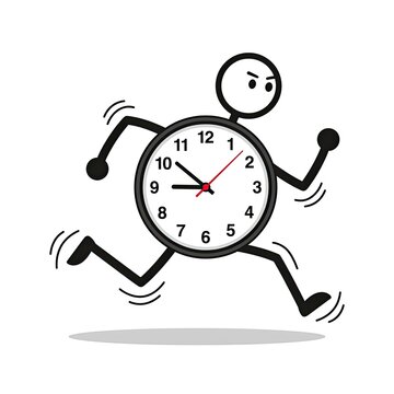 Cartoon clock character running quickly with a worried expression showing time pressure