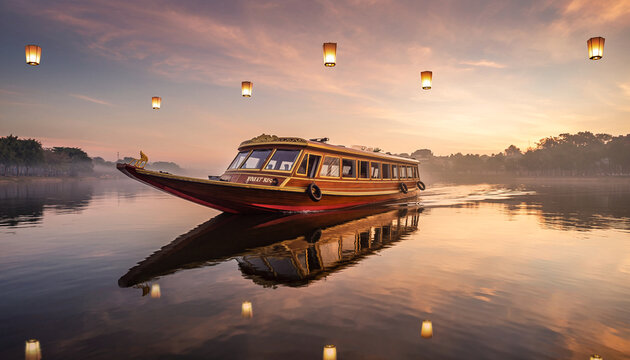 Romantic Luxury River Cruise Boat Gliding on Calm Water with Floating Lanterns under Pastel Sunset Sky