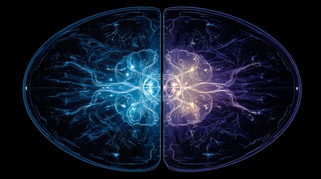 Futuristic glowing human brain hemispheres with blue and purple neural pathways, abstract sci-fi medical overlay element design