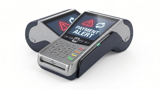 A modern payment terminal displaying a payment alert, equipped with a numeric keypad and touch screen.