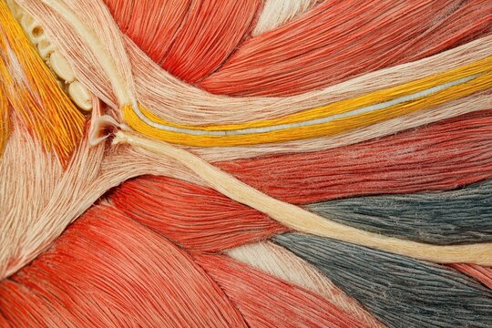 Intricate anatomical depiction of layered muscle fibers in rich reds, interwoven with pale connective tissues, and distinct yellow/blue nerves, showcasing biological complexity