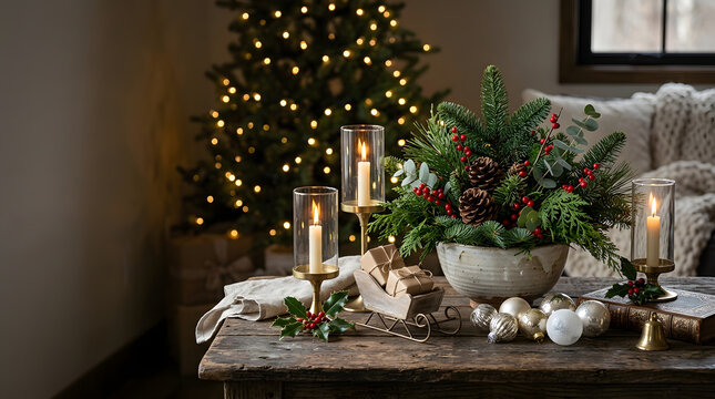 Christmas dining table centerpiece with pine branches and candles.