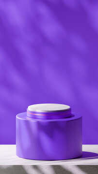 A luxurious podium in Royal Purple with gold stripe. Placed on a rounded board over Base cement texture with Royal Purple backdrop. Nature gobos light