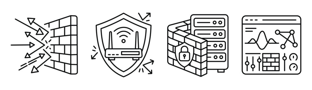 Network firewall security vector icons set including server protection and cyber safety data control.