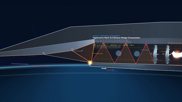 Detailed animation of a scramjet engine demonstrating hypersonic ignition, oblique wedge compression, transverse fuel injection, and Mach breakout acceleration for advanced aerospace technology