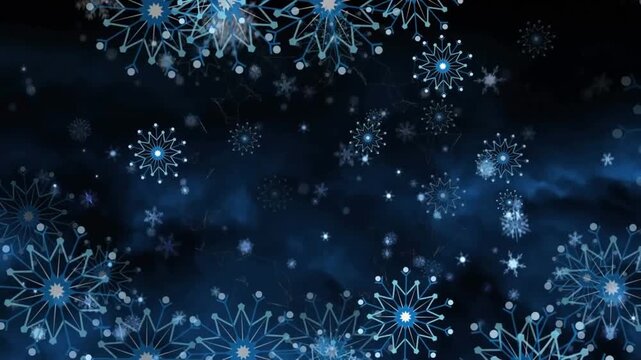 Dark Blue Snowflakes and Glowing Bokeh Lights Winter Holiday Background