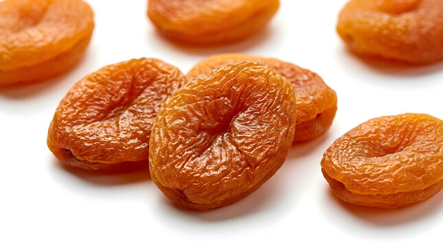 Sweet dried apricots arranged neatly on a clean white background