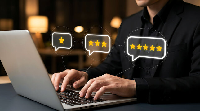 Businessman typing on laptop with glowing rating feedback bubbles and stars