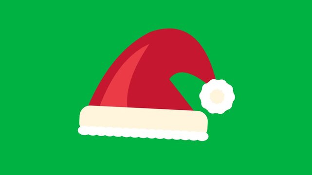 A soft red Santa hat with an ivory fur brim and pompom makes a gentle bounce. 4K UHD animation on solid chroma green with a 12 second loop at 30 fps. No audio.