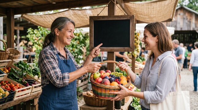 Farmer selling fresh fruit basket to customer at outdoor market