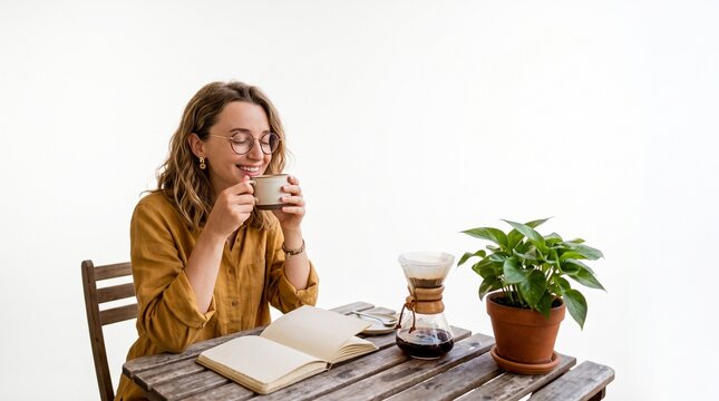 Woman enjoying coffee and reading a book at a wooden table with a plant