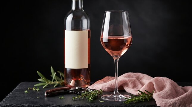 Glass of rose wine beside a bottle with a blank label and a pink fabric napkin on a dark slate surface with fresh green herbs and a corkscrew