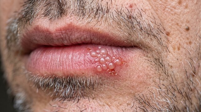 Macro Shot of Herpes Simplex Blisters on Adult Male Lips Cold Sore Infection