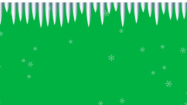Sculpted silver white icicles hang from a snowy top edge with falling crystals. 4K UHD animation on solid chroma green with a 12 second loop at 30 fps. No audio.