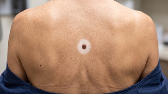 Halo nevus on human back skin showing pigmented mole with surrounding depigmented white ring