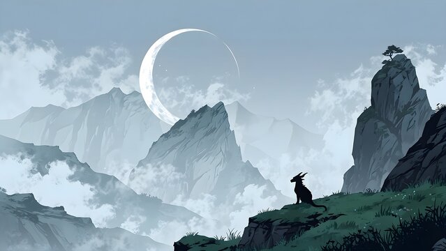 Mountain goat standing on a grassy cliff under a crescent moon in the mountains