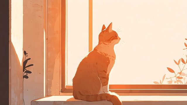 Ginger tabby cat sitting on a windowsill looking out at warm golden light