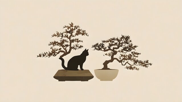 Silhouette of a cat sitting between two bonsai trees on a beige background